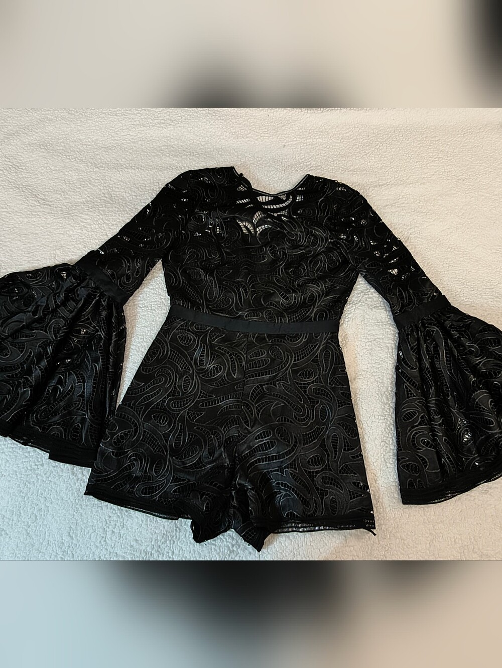 ALEXIS Black Lace Bell Sleeve Romper Womens Size 9 Open Back Tie Designer